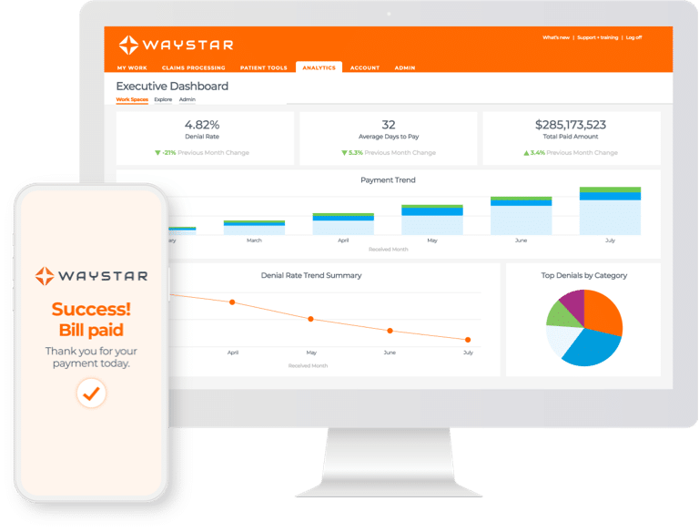 Computer monitor with Waystar Executive Dashboard screen displayed, mobile phone shown to the left of the monitor with Waystar logo and "Success! Bill paid" graphic on mobile display